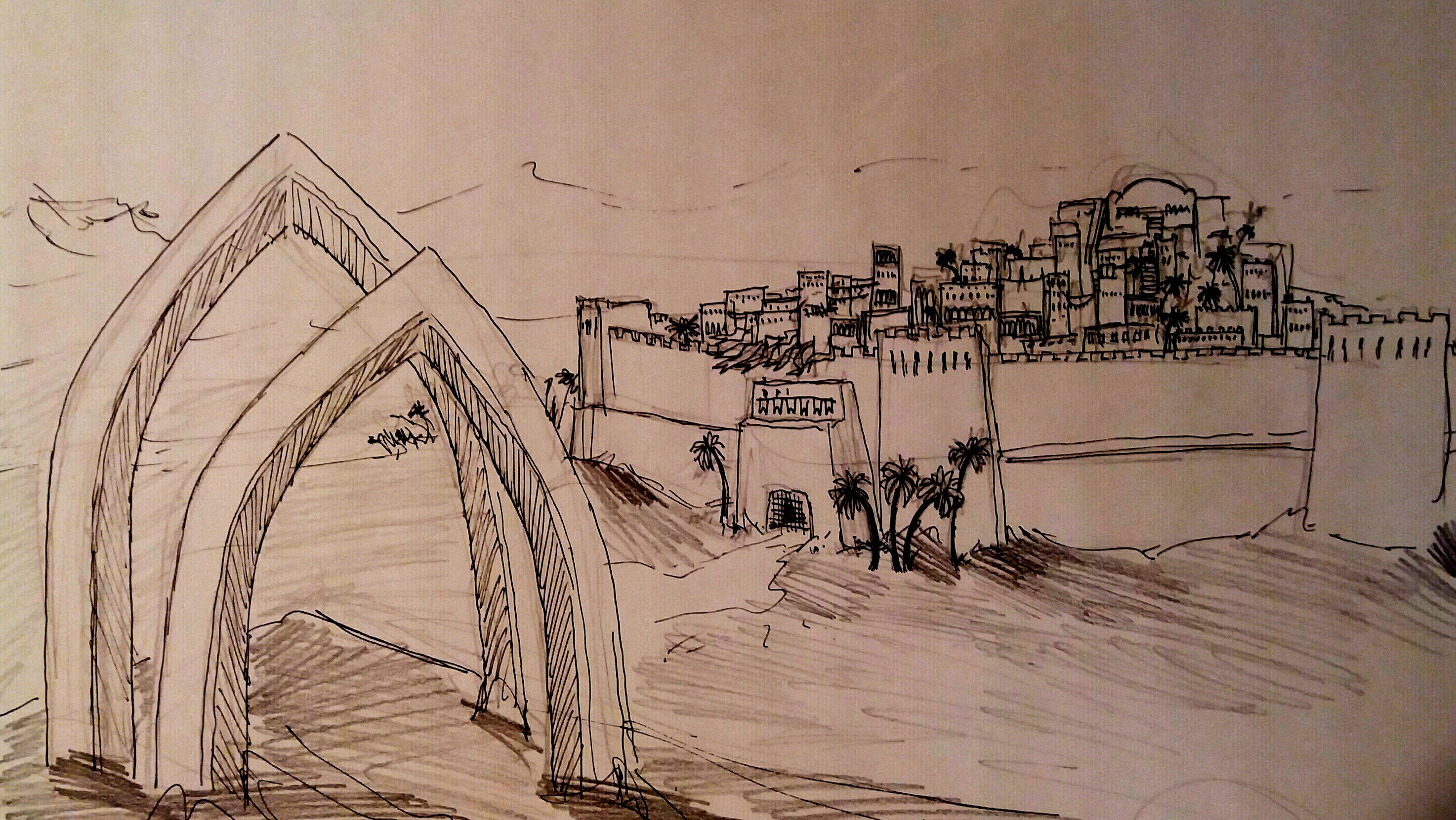 two arches on a desert overlooking a walled city.